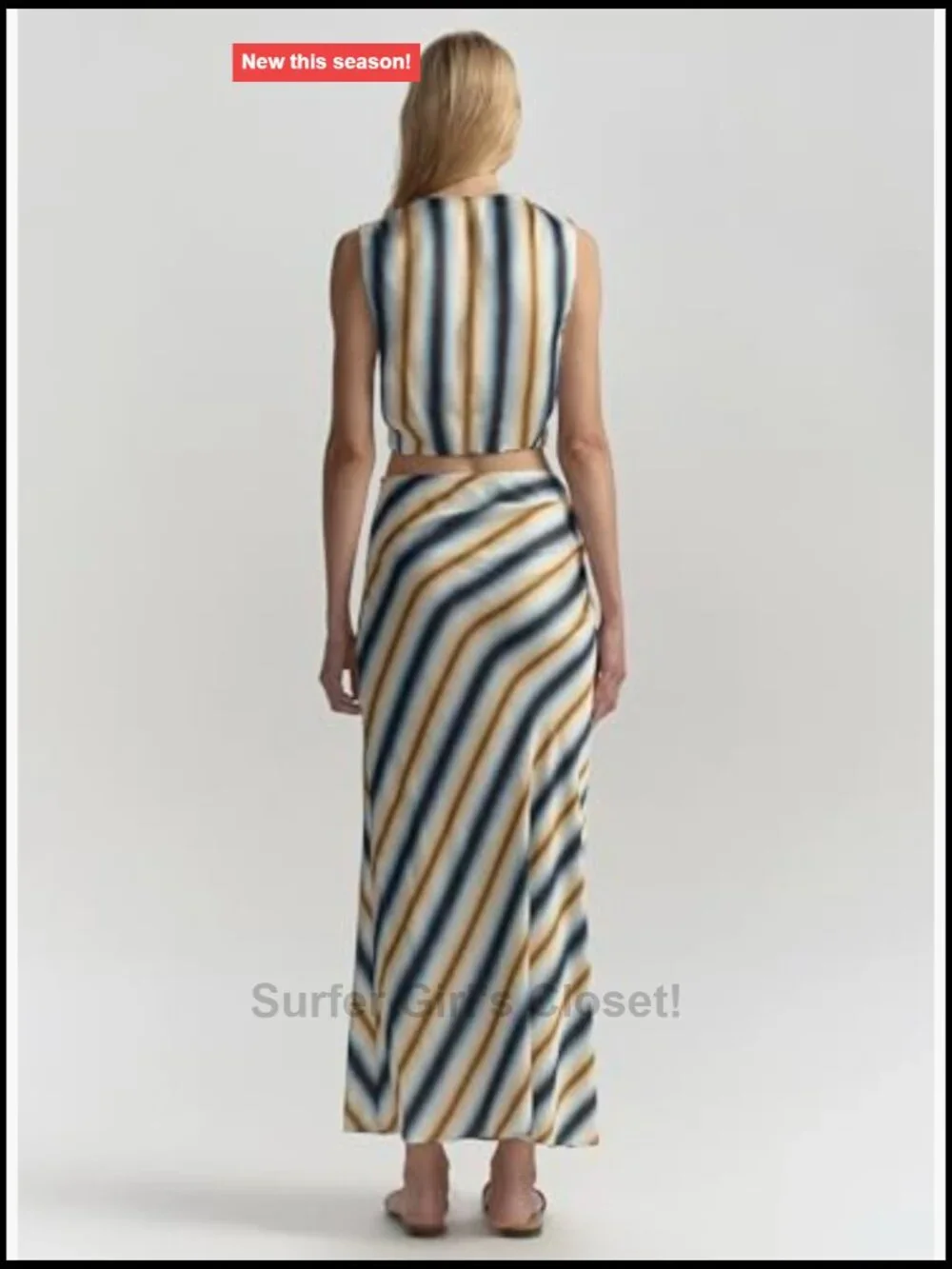 Cropped Sleeveless V-Neck Twisted Front Stripe Viscose Satin Tank Top